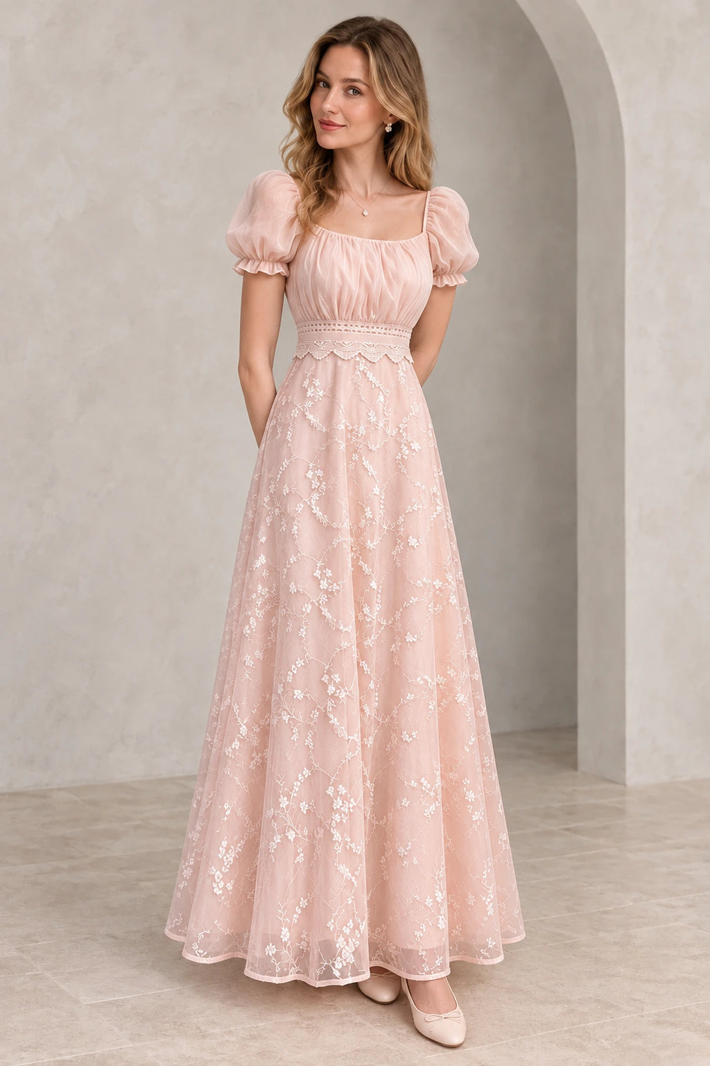 Romantic Chiffon Tulle A Line Square Neck Puff Sleeve Scoop Back Long Wedding Guest Dress
