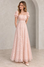 Romantic Chiffon Tulle A Line Square Neck Puff Sleeve Scoop Back Long Wedding Guest Dress