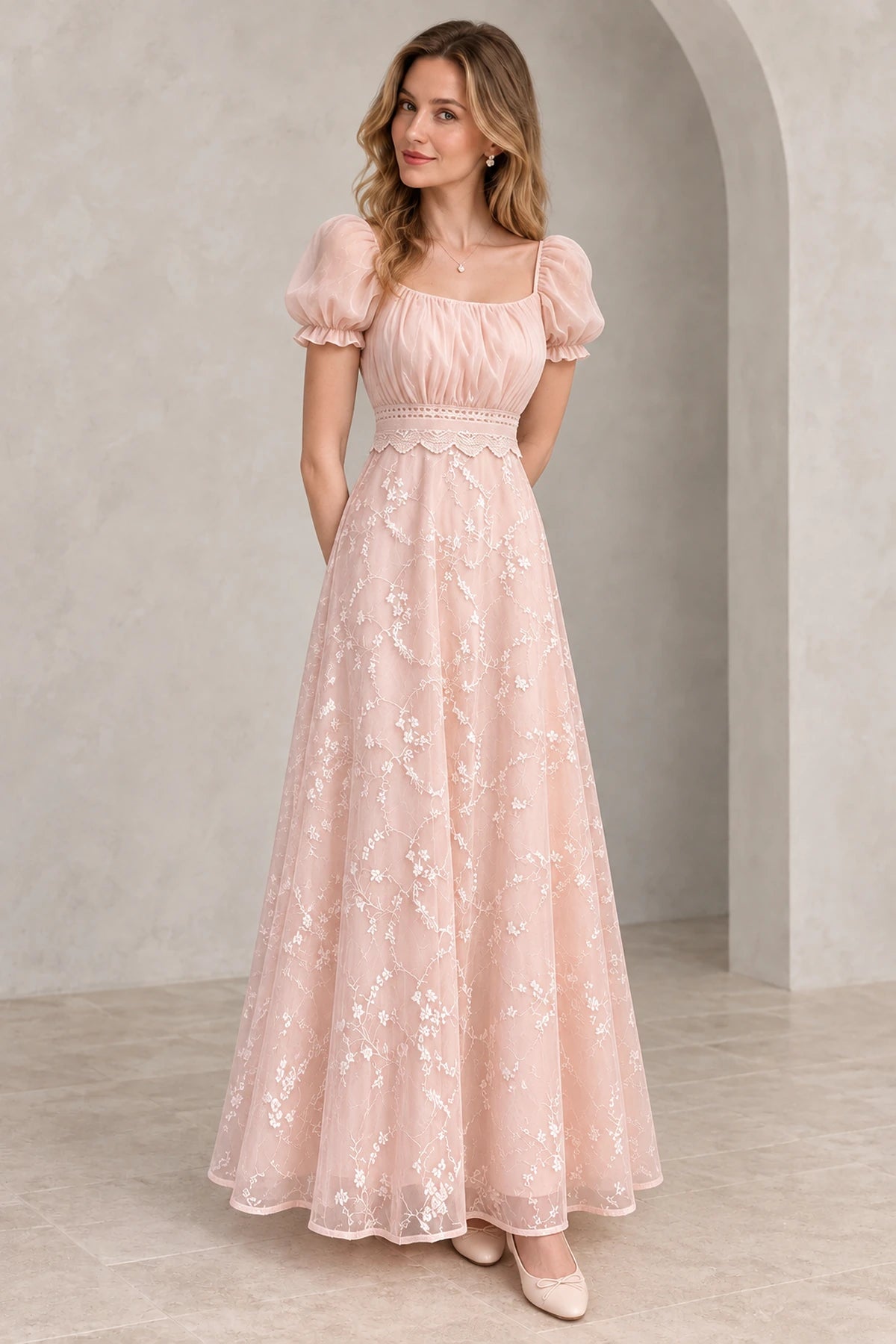 Romantic Chiffon Tulle A Line Square Neck Puff Sleeve Scoop Back Long Wedding Guest Dress