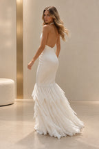 Elegant Satin Chiffon Mermaid Halter Sleeveless Backless Floor-Length Prom Dress