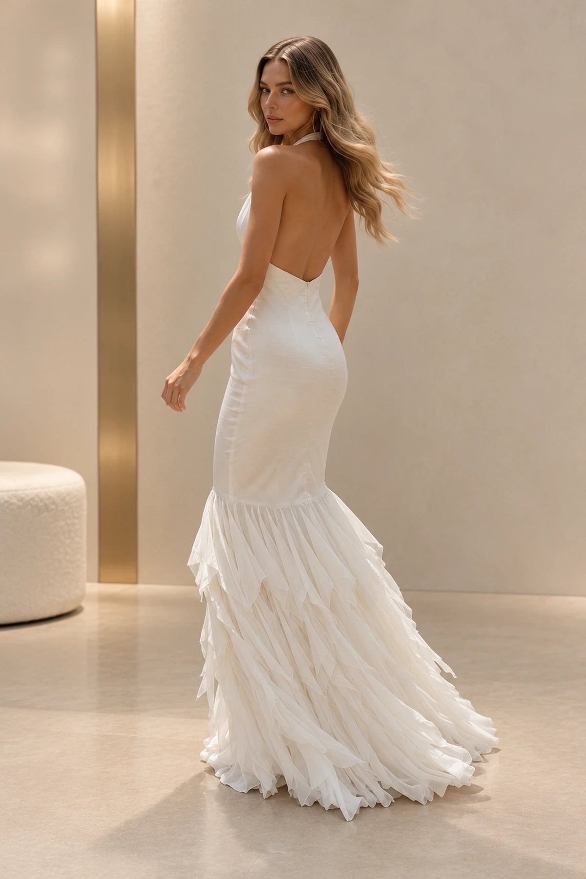 Elegant Satin Chiffon Mermaid Halter Sleeveless Backless Floor-Length Prom Dress