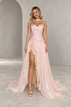 Glamorous Sequin Chiffon A Line Sweetheart Strapless Lace Up Back Prom Dress