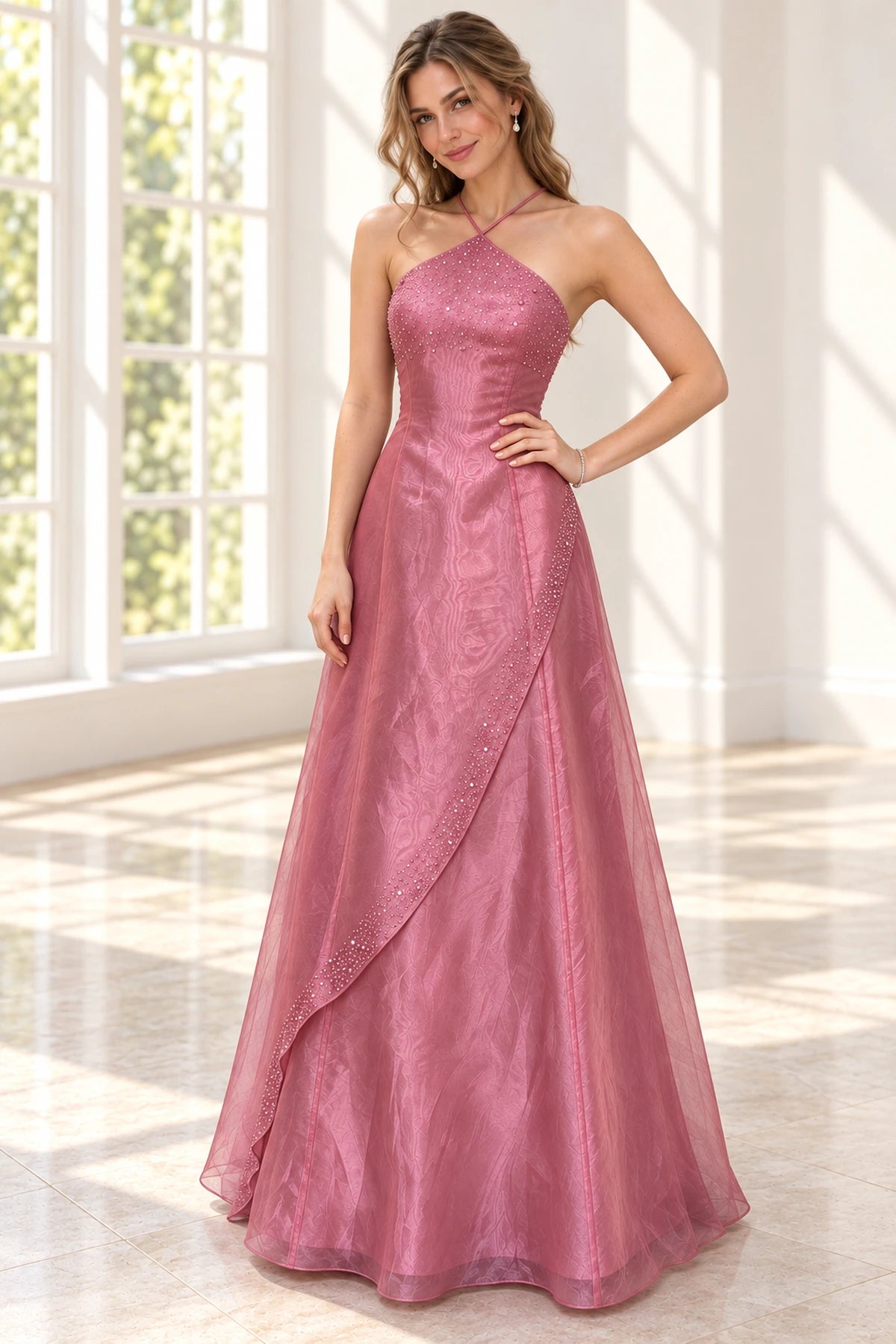 Elegant Chiffon A Line Halter Sleeveless Low Back Long Prom Dress