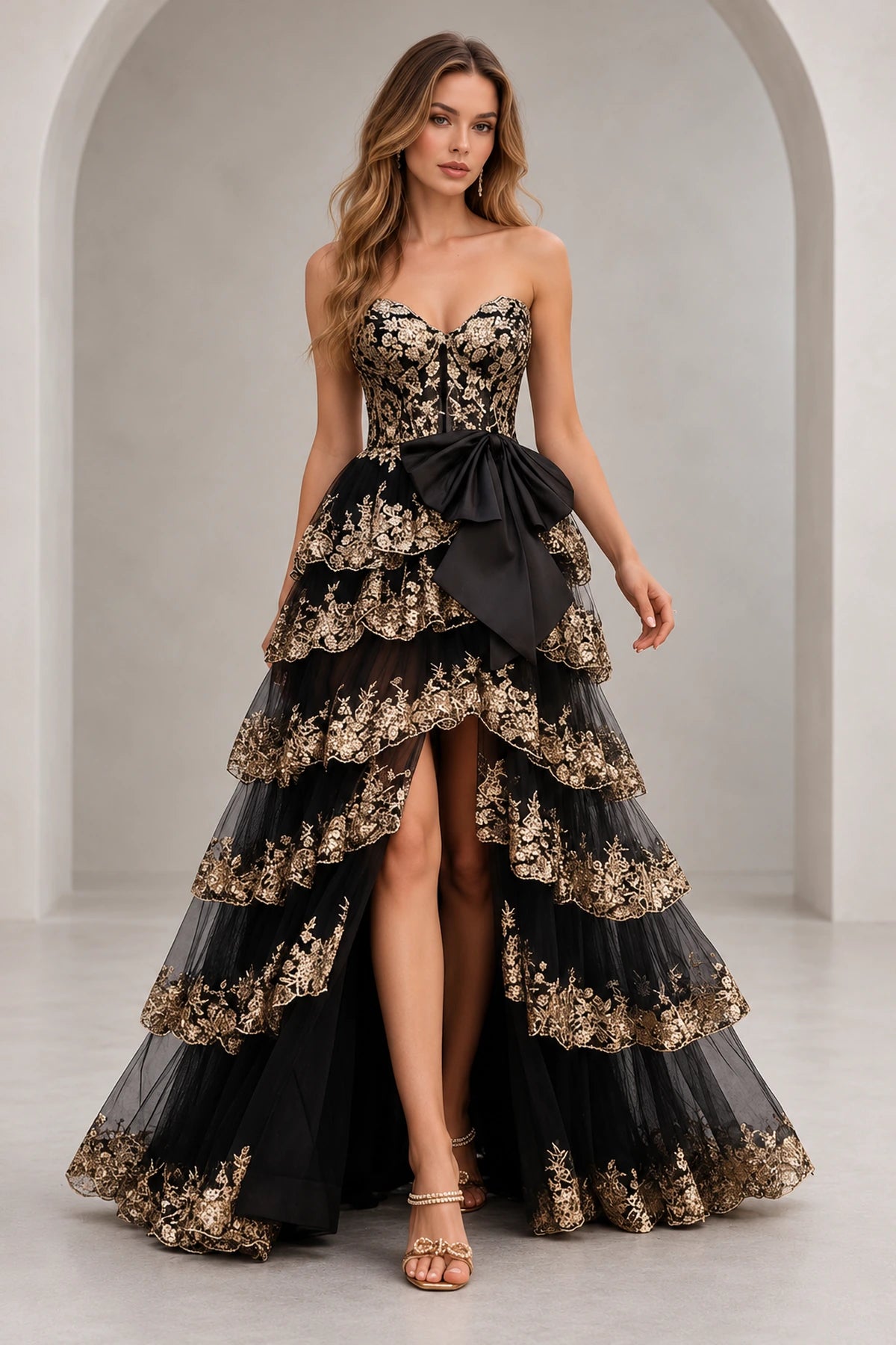 Gorgeous Tulle A-Line Strapless Sweetheart Sequin Corset Tie Back Tiered Ruffle Long Prom Dress