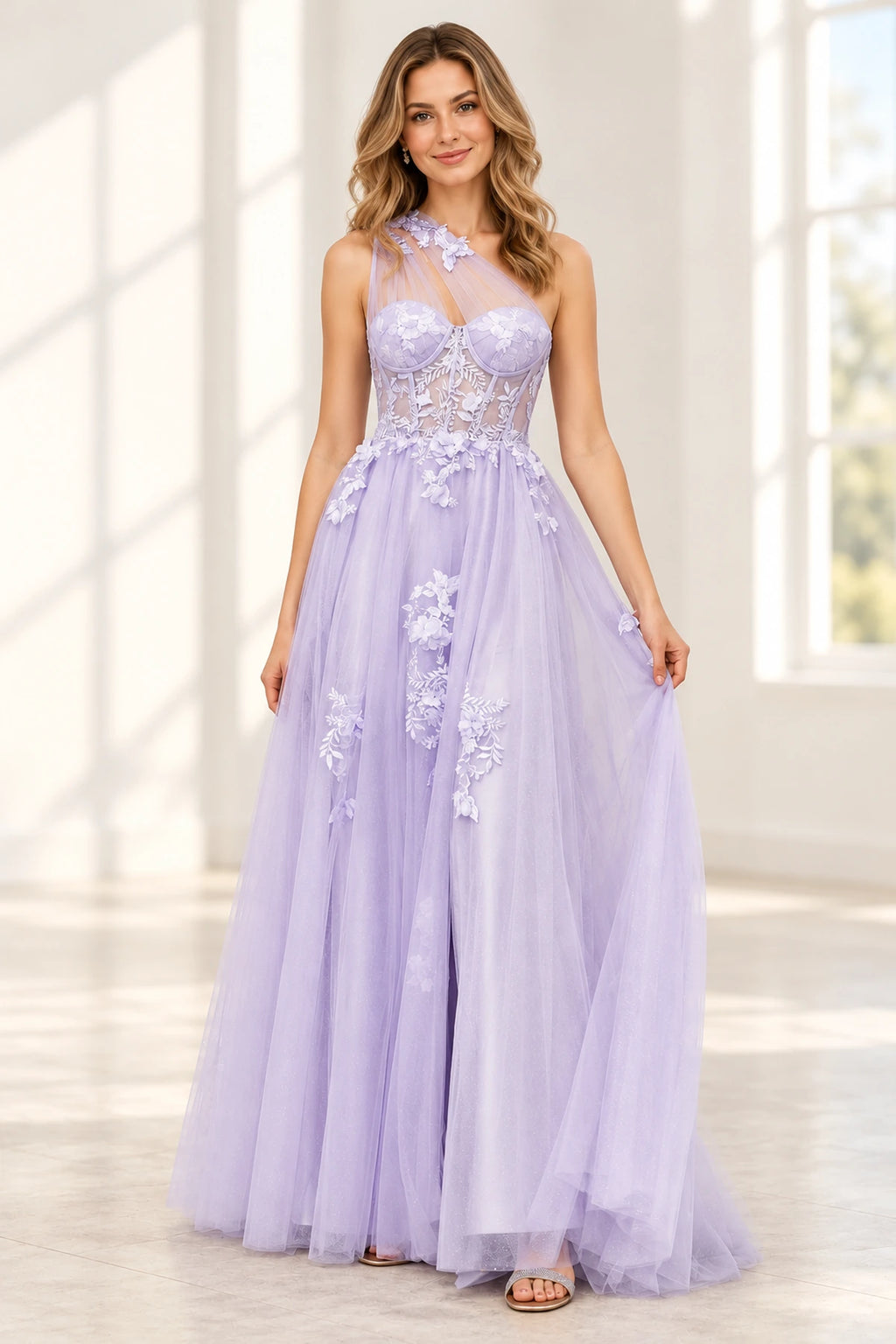 Romantic Tulle A Line Sweetheart One Shoulder Floral Long Prom Dress