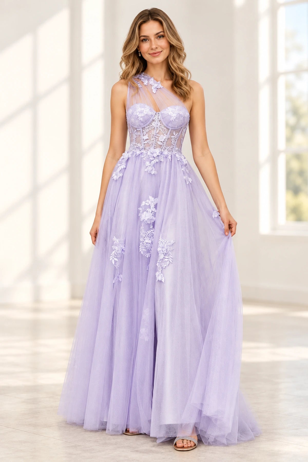 Romantic Tulle A Line Sweetheart One Shoulder Floral Long Prom Dress