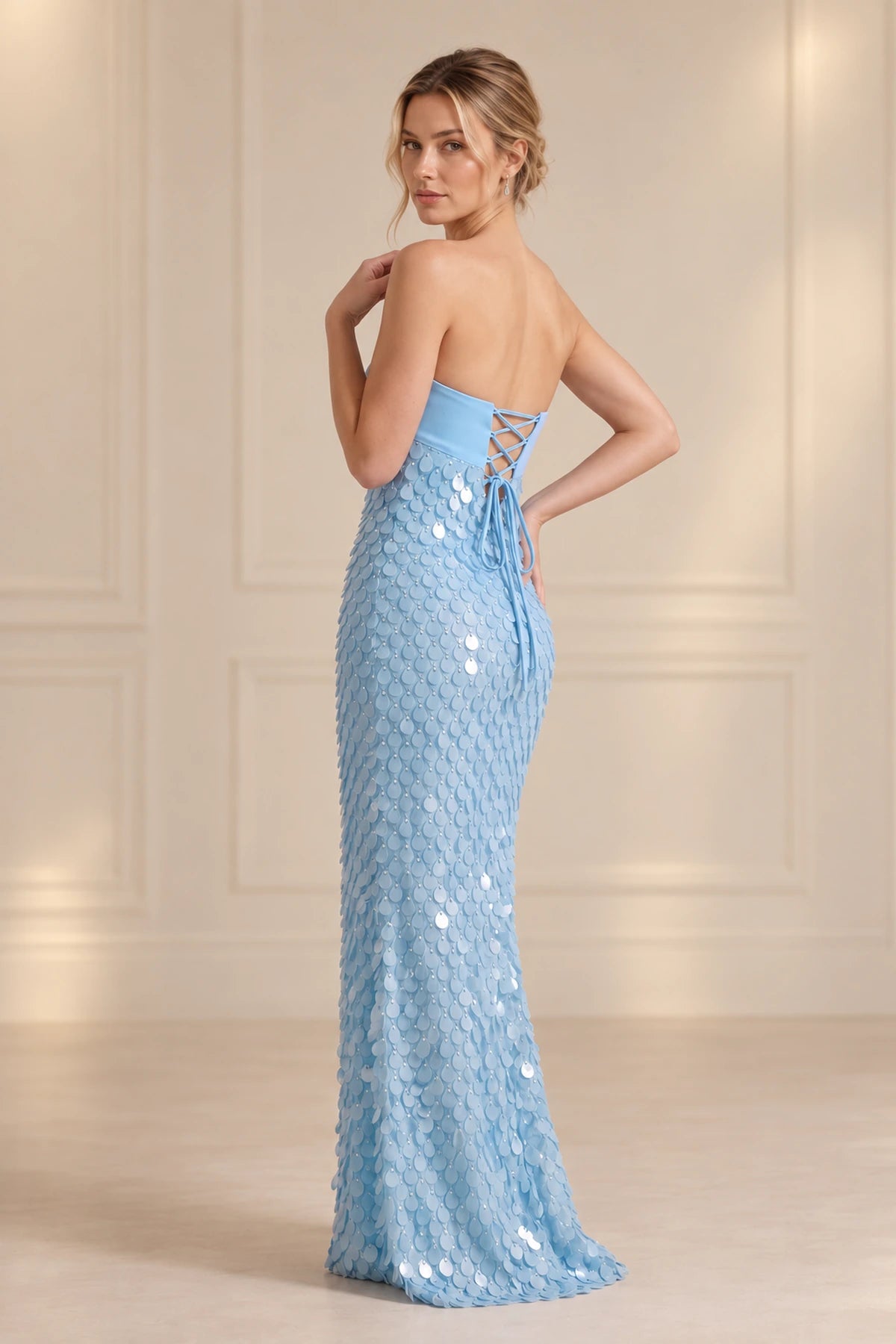 Elegant Sequin Sheath Sweetheart Strapless Lace-Up Back Long Prom Dress
