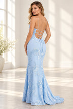 Elegant Floral Applique Mermaid Scoop Neck Spaghetti Strap Lace-Up Back Prom Dress