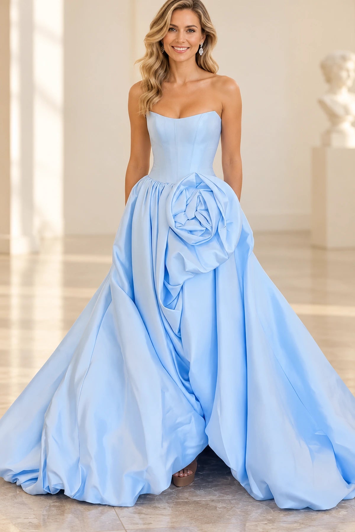 Dramatic Satin A Line Scoop Neck Strapless Long Prom Dress