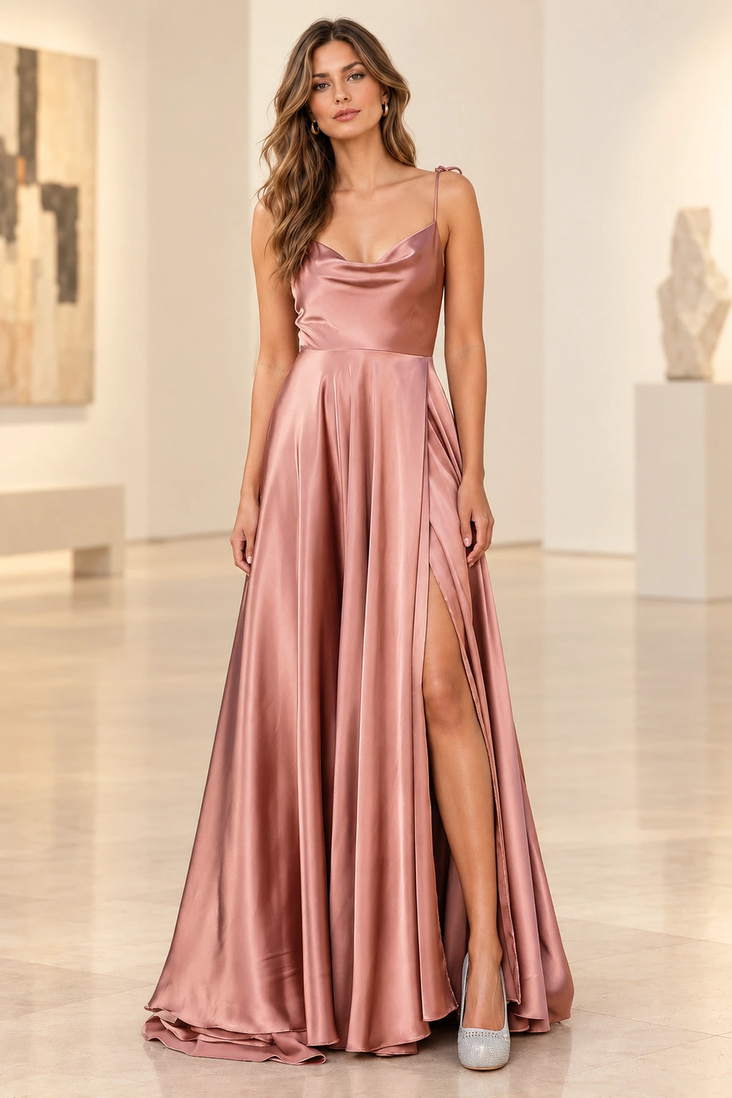 Romantic A Line Cowl Sleeveless Zipper Back Floor Length Prom Dress