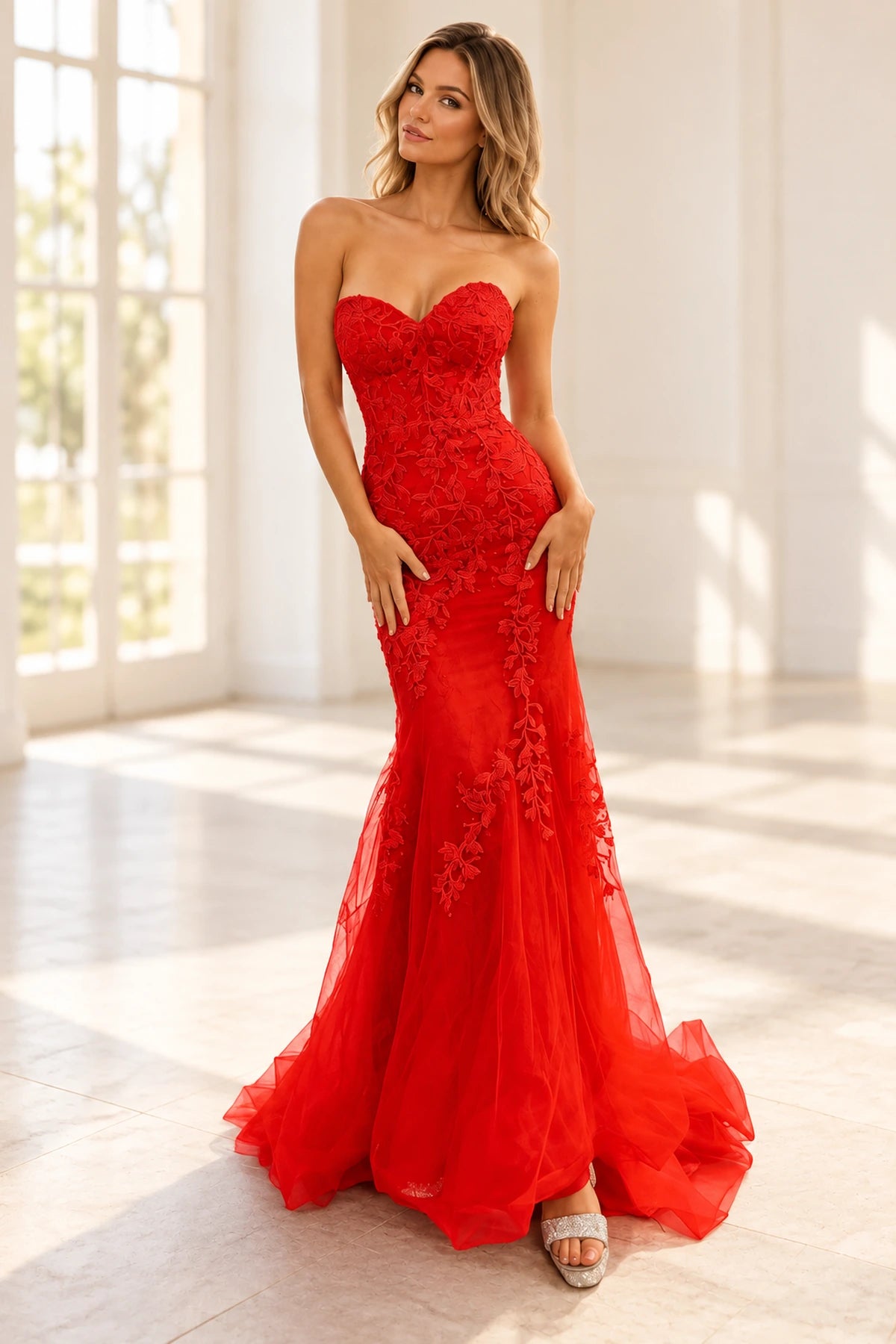 Elegant Floral Lace Applique Mermaid Sweetheart Corset Lace-Up Back Prom Dress