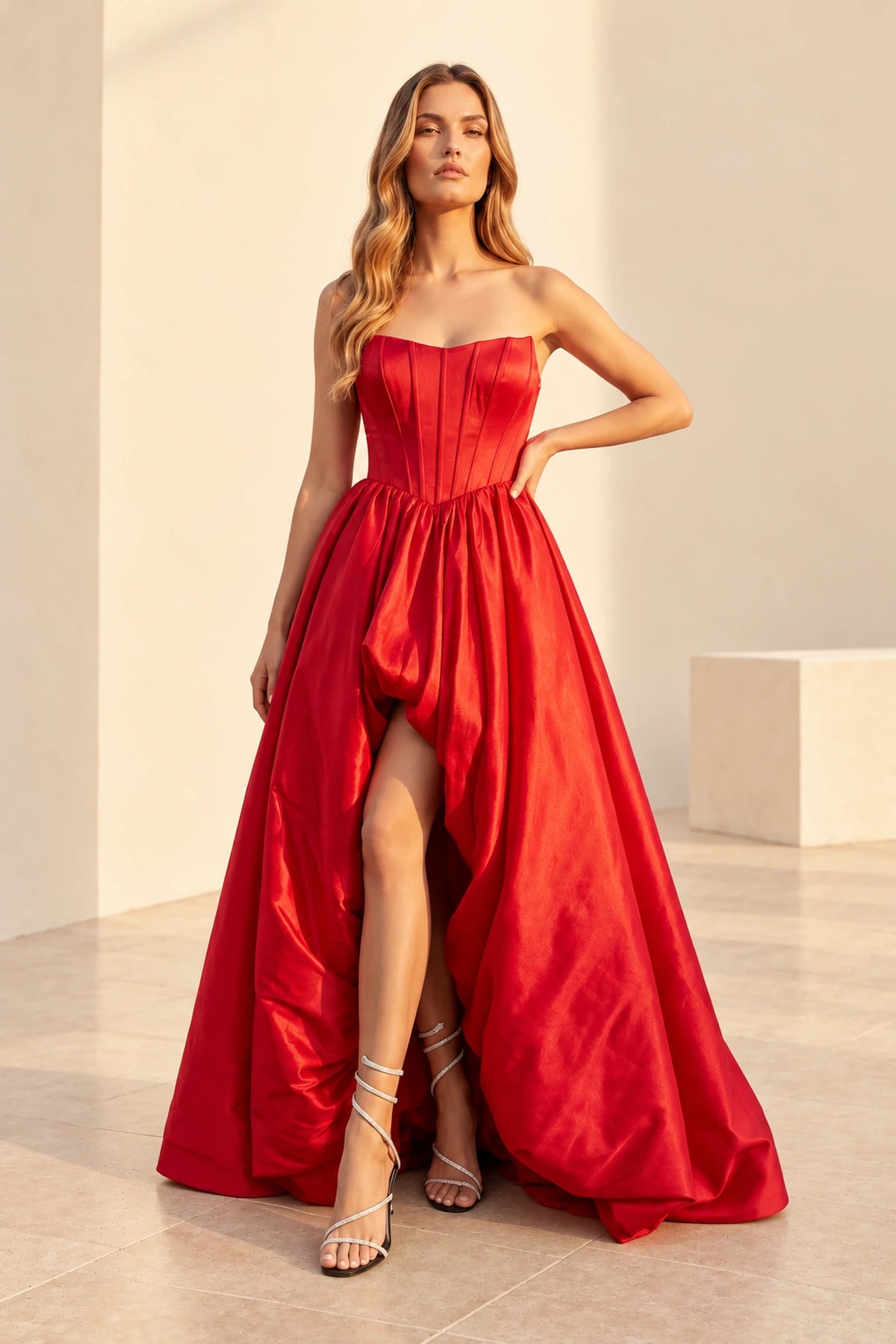 Striking Satin Look A Line Scoop Neck Strapless High Low Prom Dress