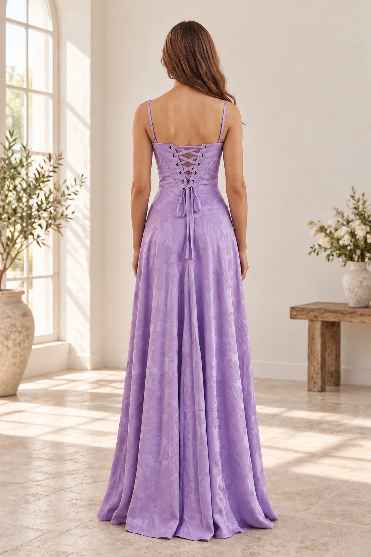 Elegant Jacquard A-Line Square Neck Spaghetti Strap Lace-Up Back Long Prom Dress