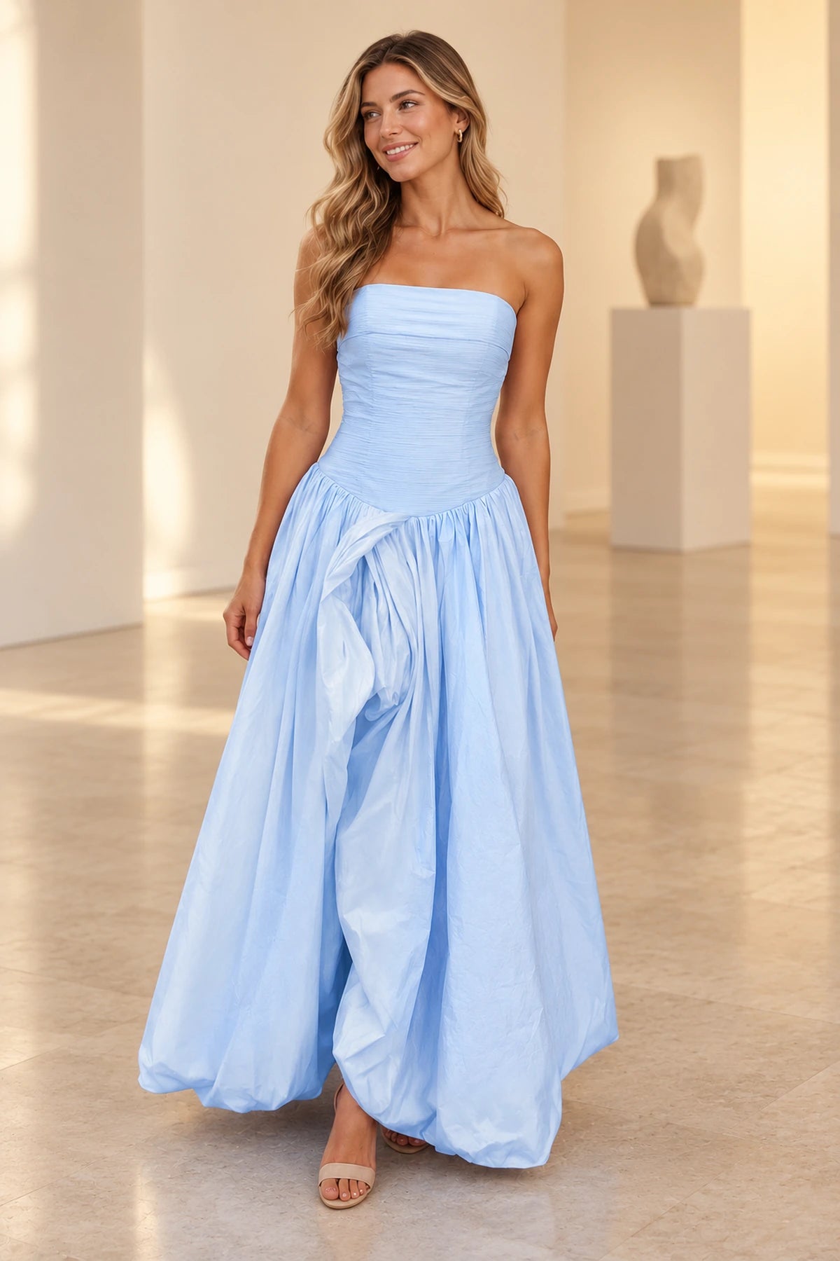 Romantic Taffeta Look A Line Straight Neck Strapless Long Prom Dress