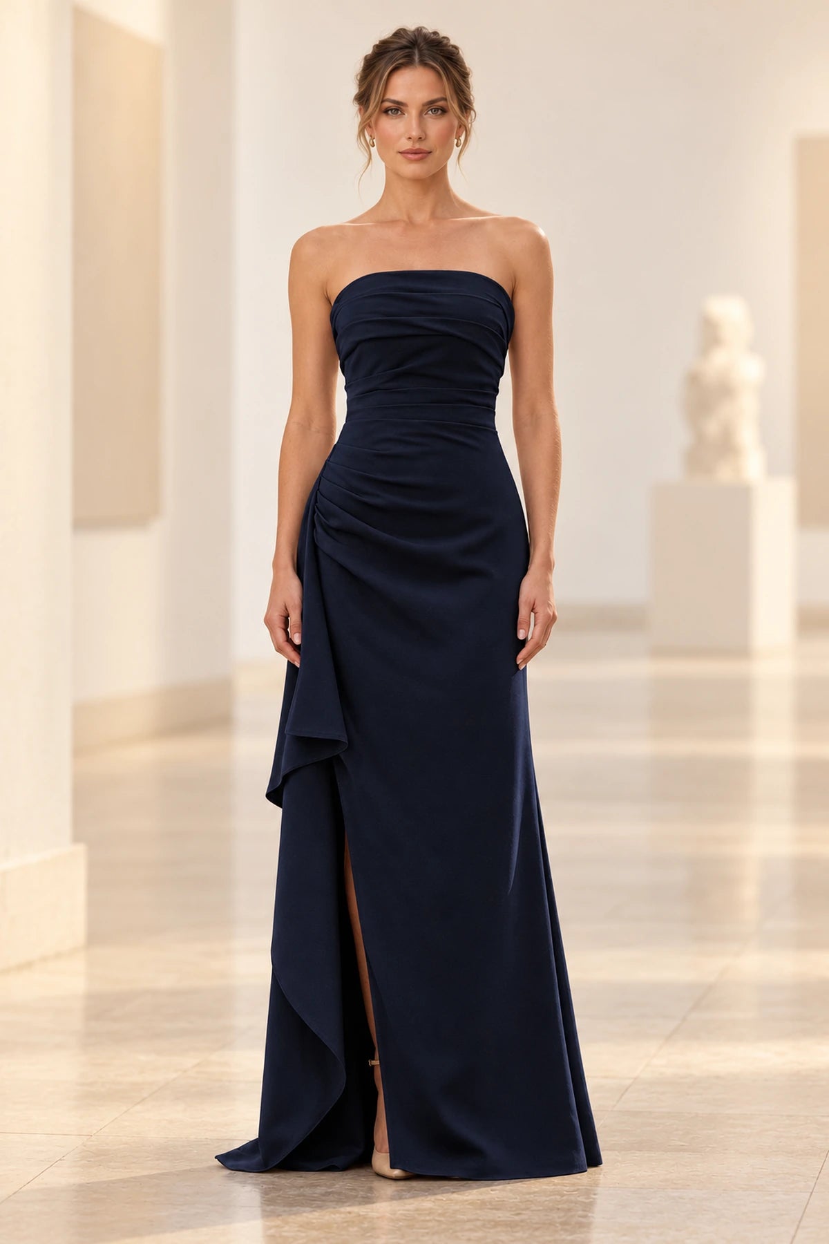 Elegant Satin Sheath Straight Neck Strapless Lace-Up Back Long Prom Dress