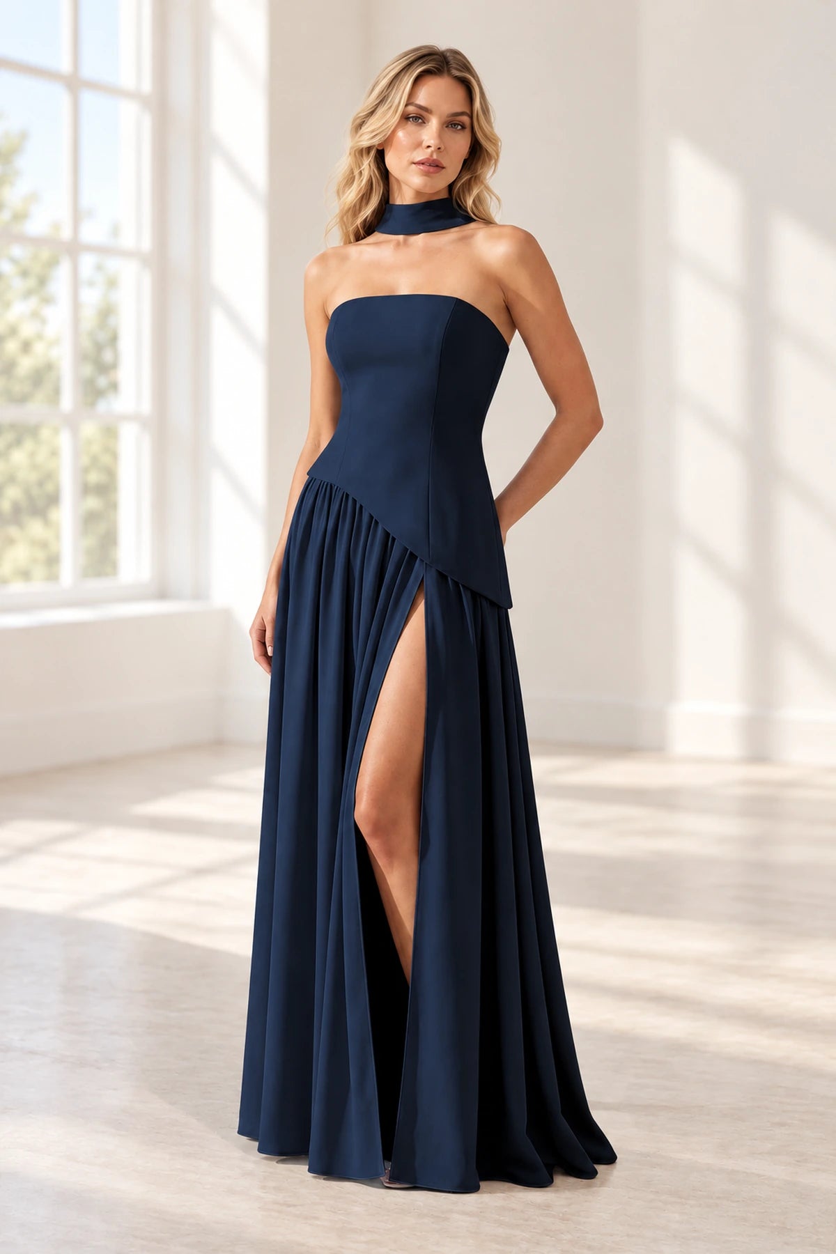 Elegant Satin A-Line Strapless Asymmetric Cape Lace-Up Back Long Prom Dress