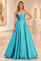 Chic Satin Look A Line Straight Neck Strapless Long Prom Dress