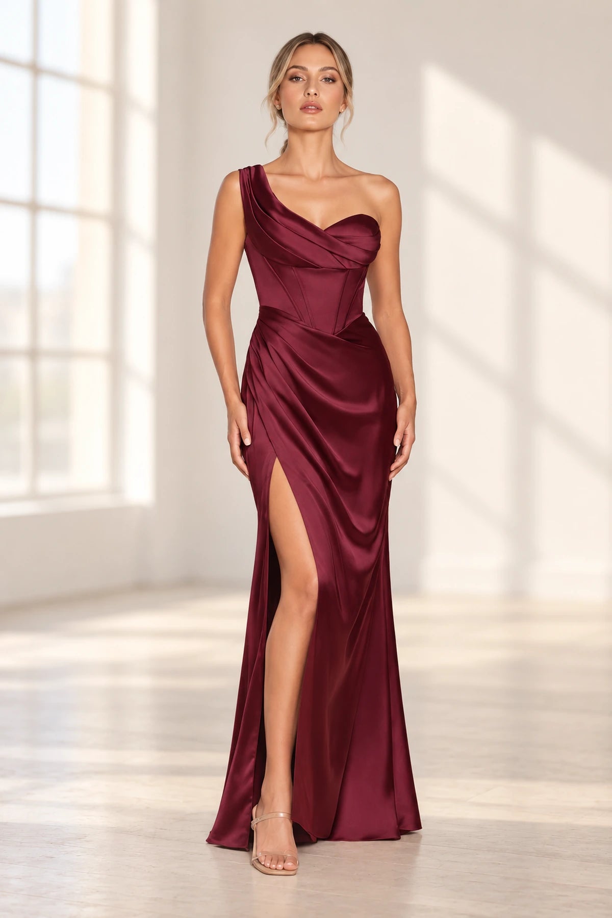 Refined Satin Look Sheath Sweetheart Asymmetric Drape Long Prom Dress