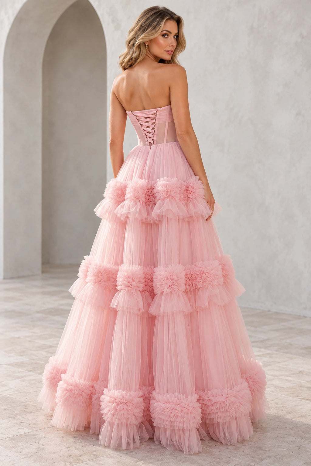 Dreamy Tulle A Line Straight Neck Strapless Tiered Long Prom Dress