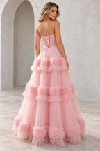Dreamy Tulle A Line Straight Neck Strapless Tiered Long Prom Dress