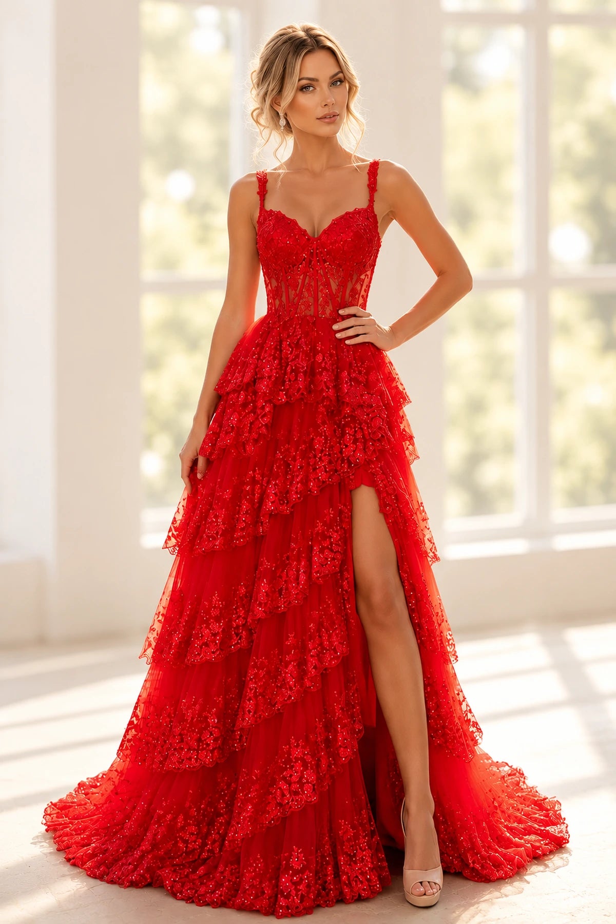 Elegant Tulle Floral Lace A-Line Sweetheart Corset Lace-Up Back Prom Dress
