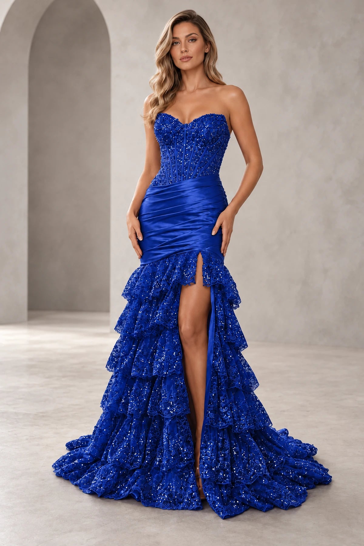 Glamorous Sequin Mermaid Sweetheart Strapless Corset Ruffle Prom Dress