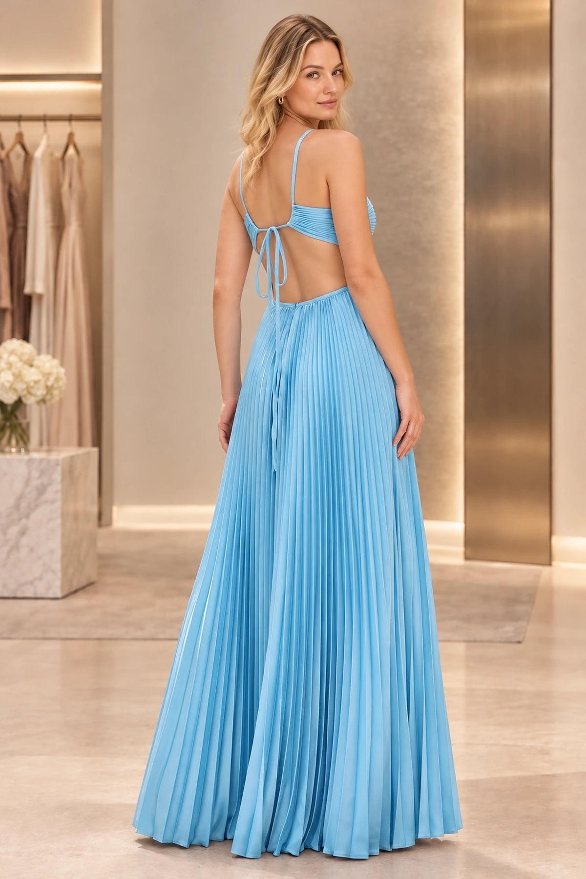 Elegant Satin A-Line Halter Sleeveless Tie-Back Floor-Length Prom Dress