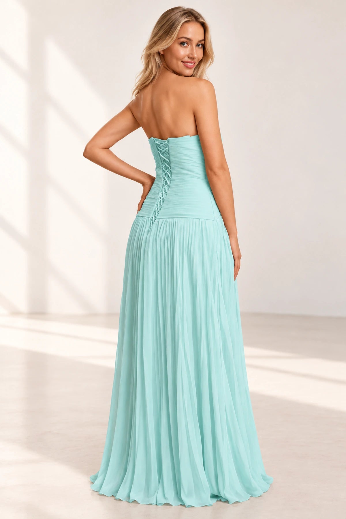 Elegant Chiffon A-Line Sweetheart Strapless Cutout Lace-Up Back Long Prom Dress