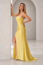 Radiant Satin Look Sheath Straight Neck Strapless Draped Long Prom Dress