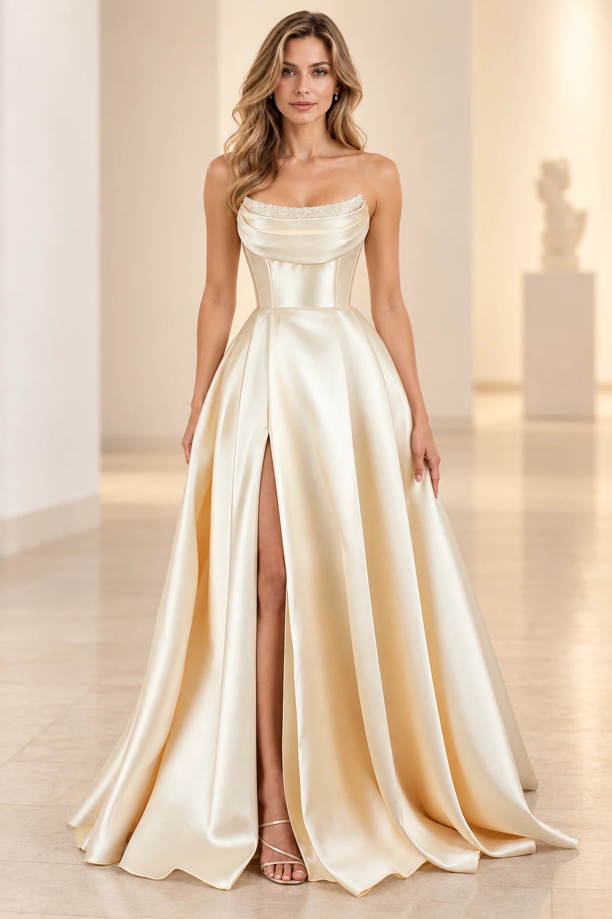 Refined Satin Look A Line Scoop Neck Strapless Long Prom Dress