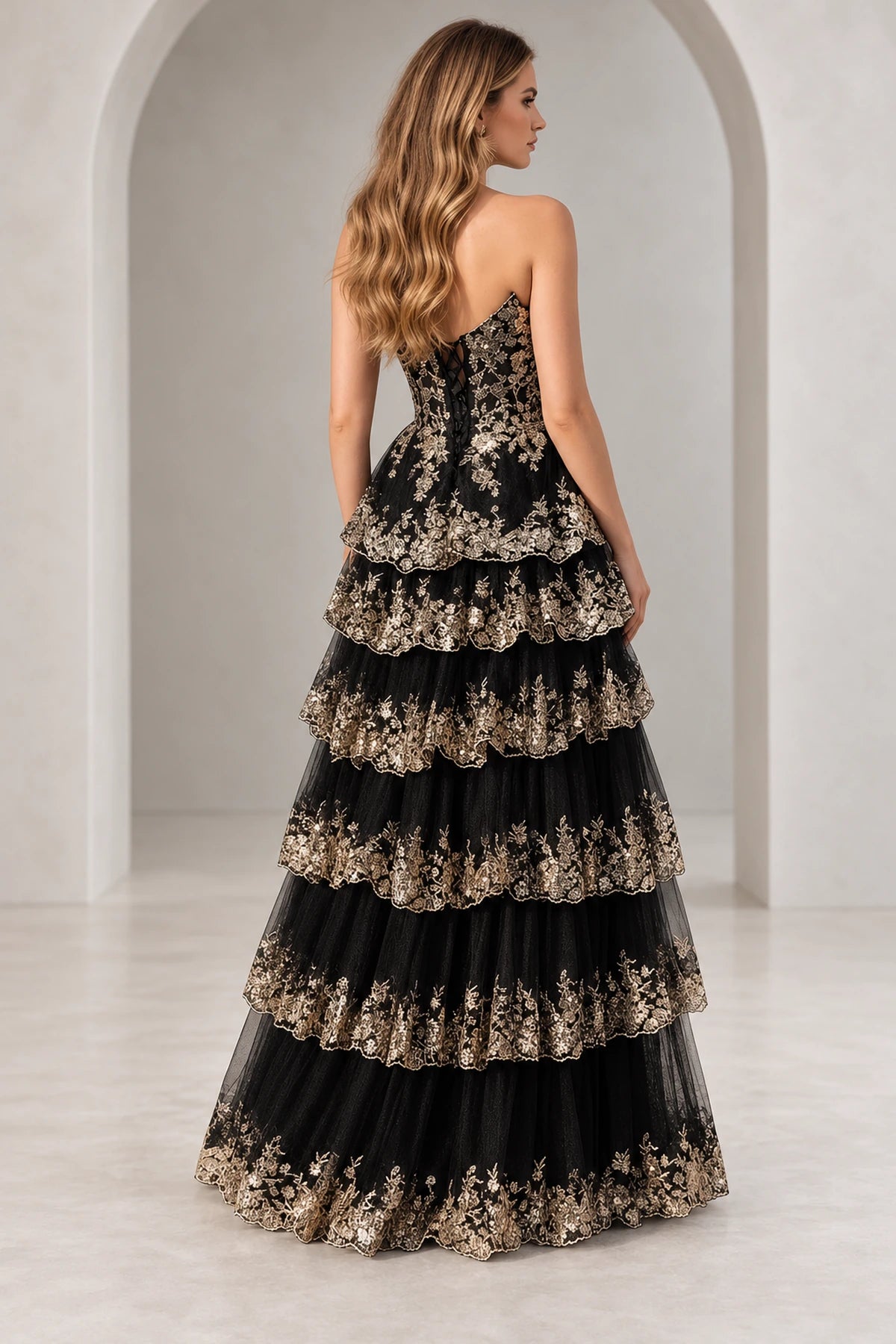 Gorgeous Tulle A-Line Strapless Sweetheart Sequin Corset Tie Back Tiered Ruffle Long Prom Dress