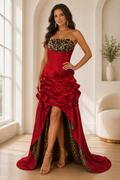 Red Strapless Satin Prom Dress with Leopard Print Bodice and High Slit Skirt