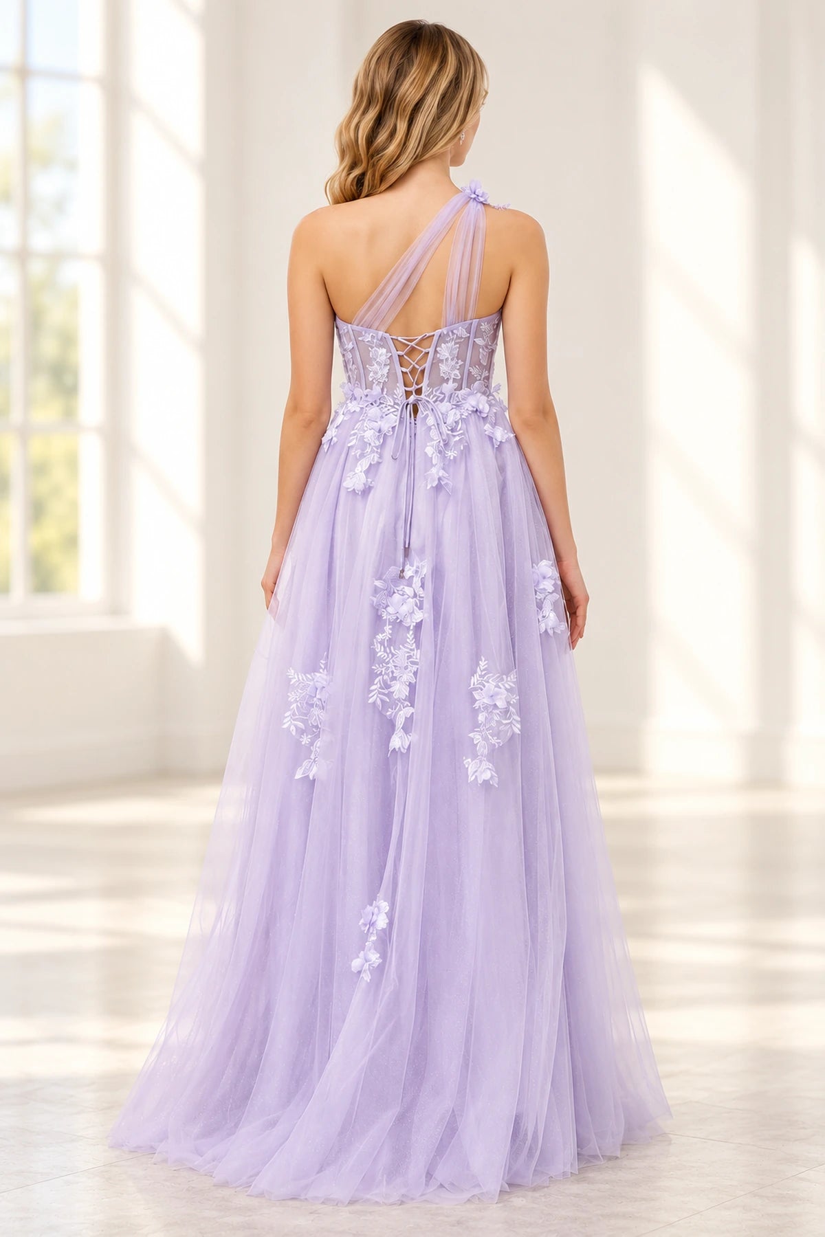 Romantic Tulle A Line Sweetheart One Shoulder Floral Long Prom Dress