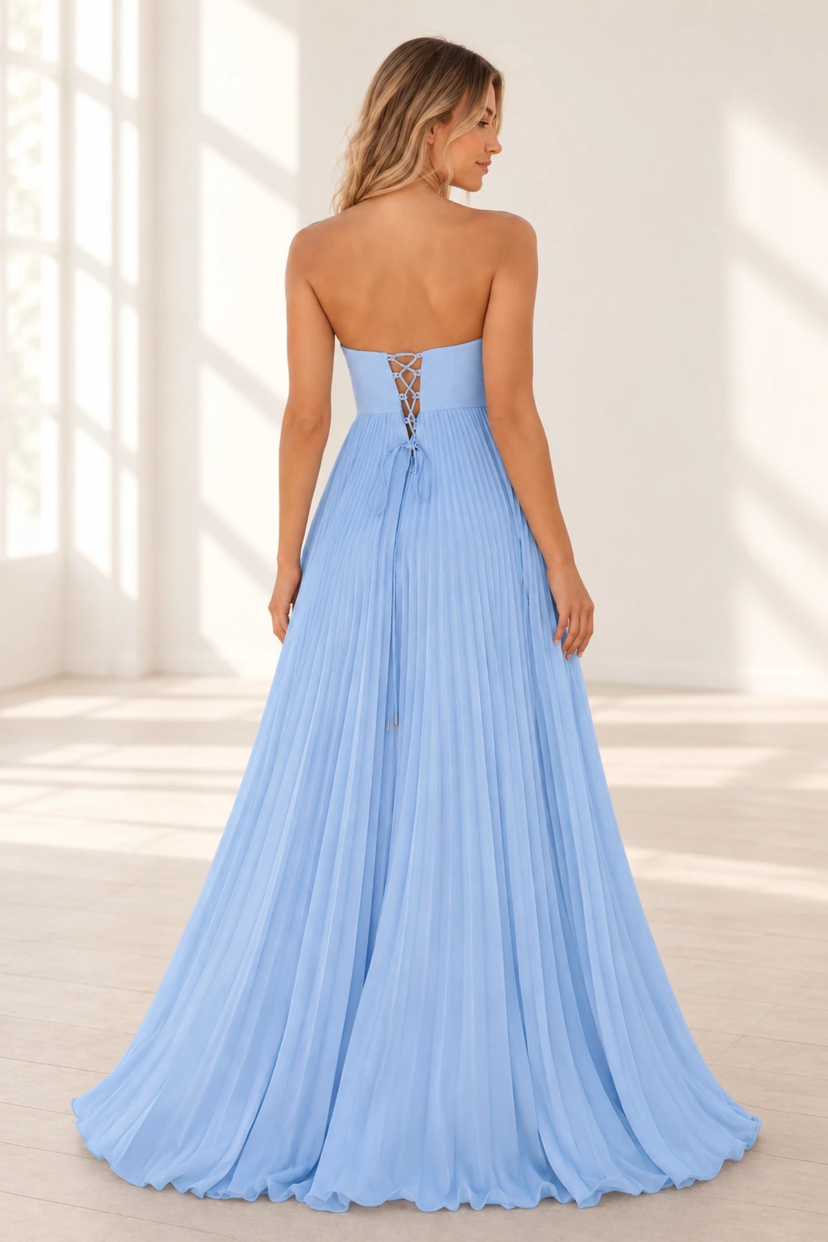 Elegant Chiffon A-Line Sweetheart Strapless Pleated Lace-Up Back Prom Dress