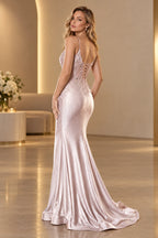 Elegant Satin Mermaid V-Neck Spaghetti Strap Lace-Up Back Long Prom Dress