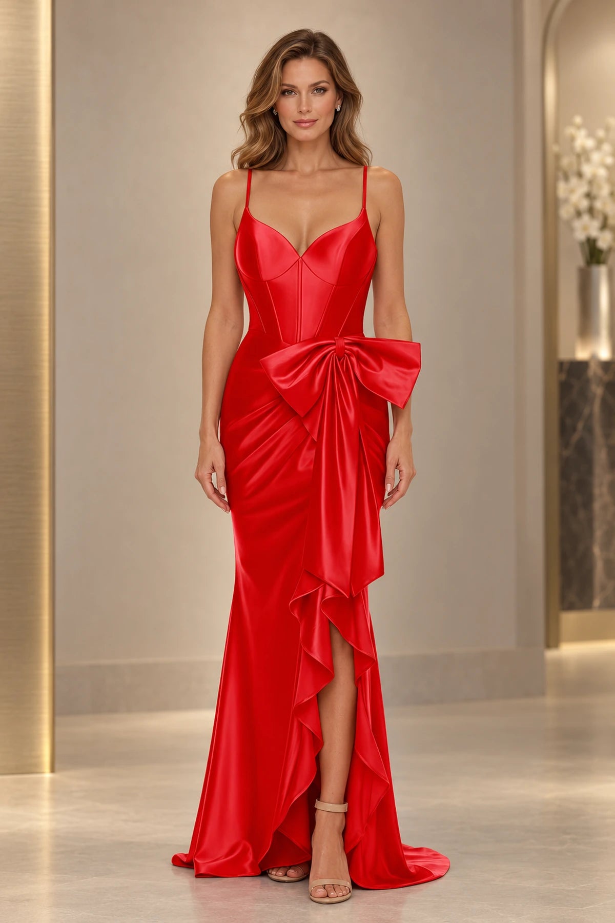 Striking Satin Look Mermaid Sweetheart Spaghetti Strap Bow Long Prom Dress