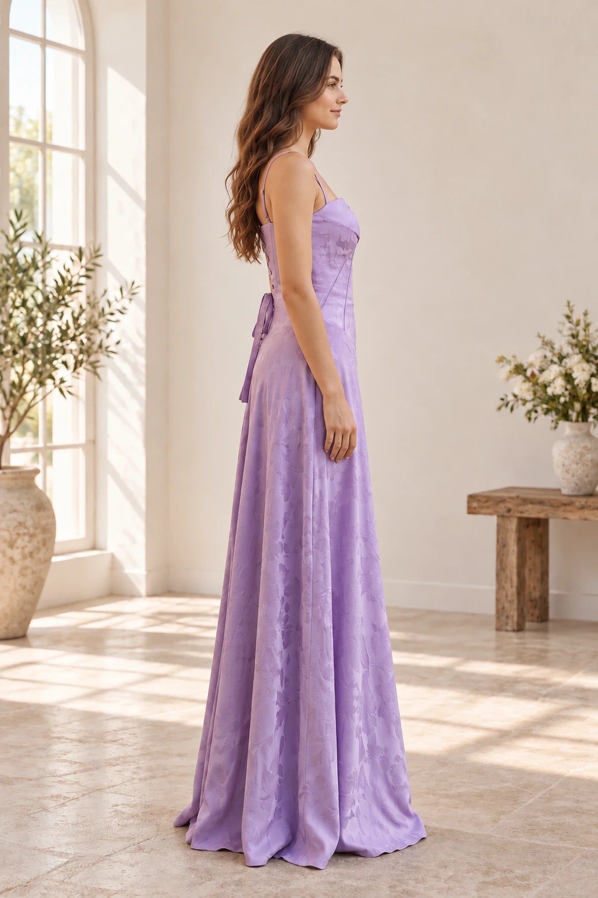 Elegant Jacquard A-Line Square Neck Spaghetti Strap Lace-Up Back Long Prom Dress