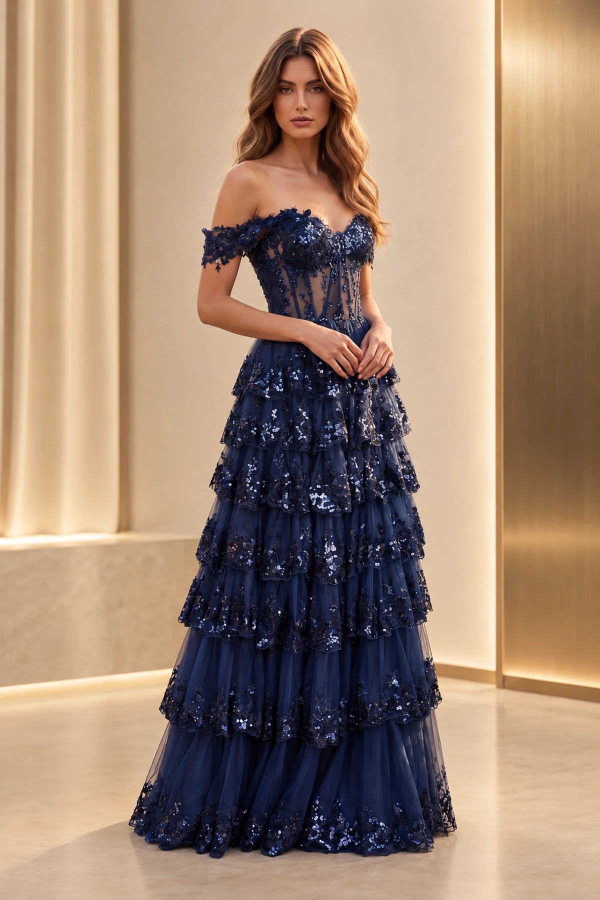 Romantic Tulle A Line Sweetheart Off Shoulder Tiered Long Prom Dress