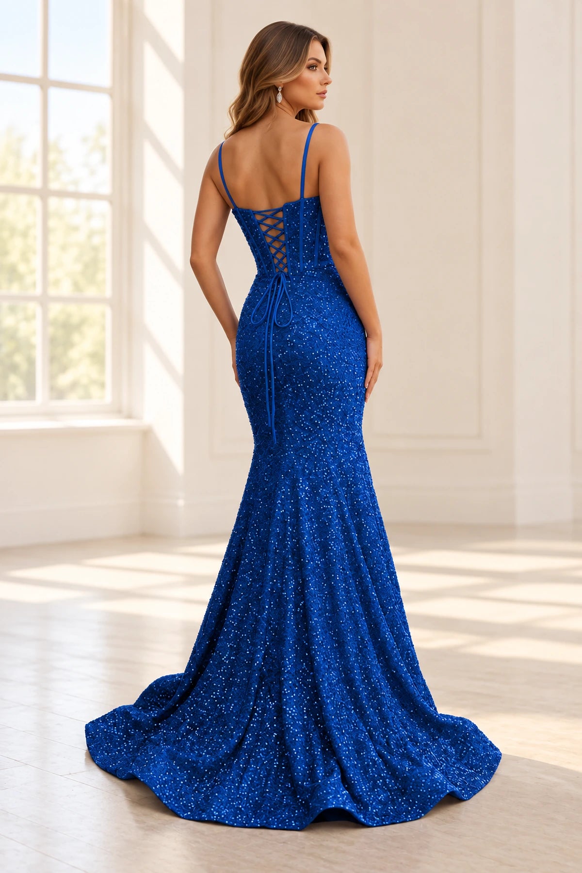 Glamorous Sequin Mermaid Sweetheart Spaghetti Strap Corset Lace-Up Back Prom Dress