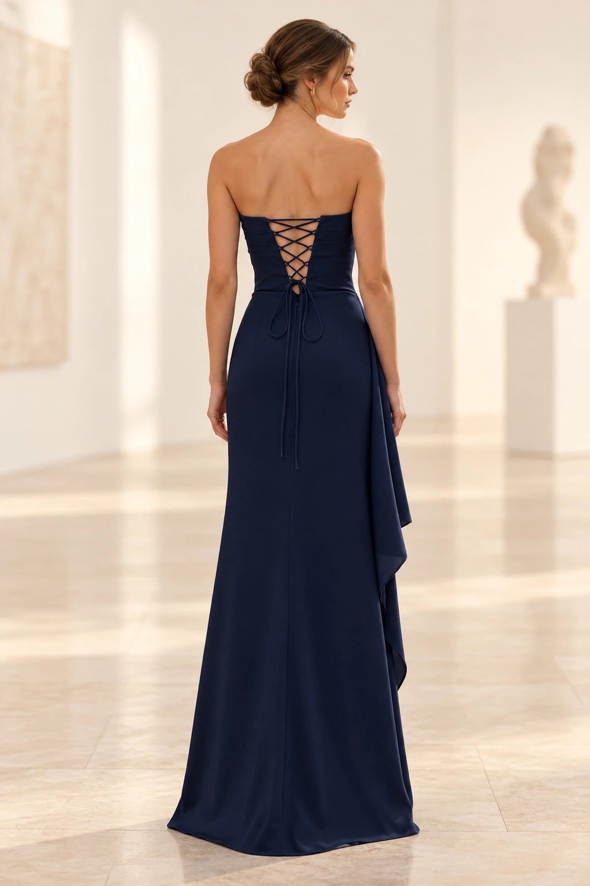 Elegant Satin Sheath Straight Neck Strapless Lace-Up Back Long Prom Dress