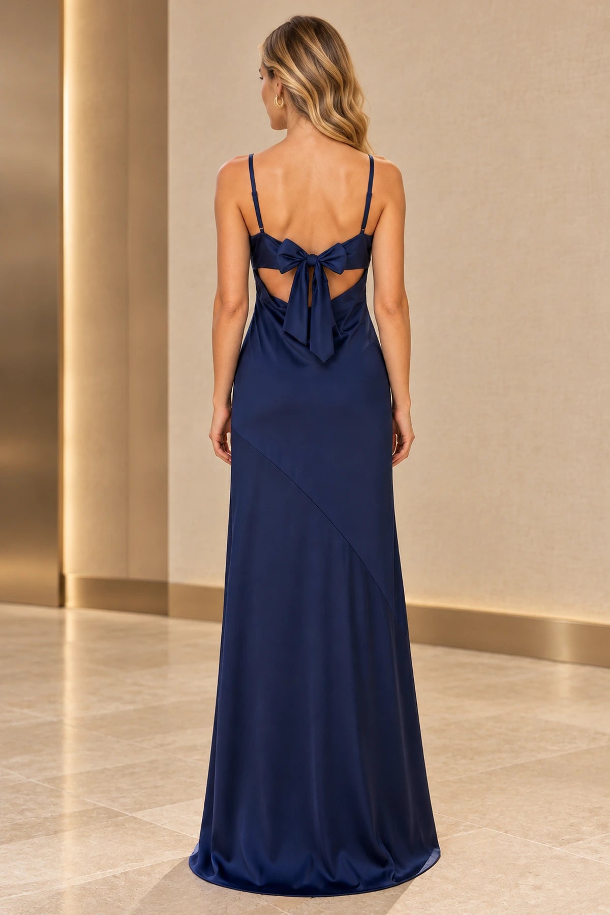 Satin Spaghetti Strap Square Neck Open Bow Back Mermaid Prom Dress