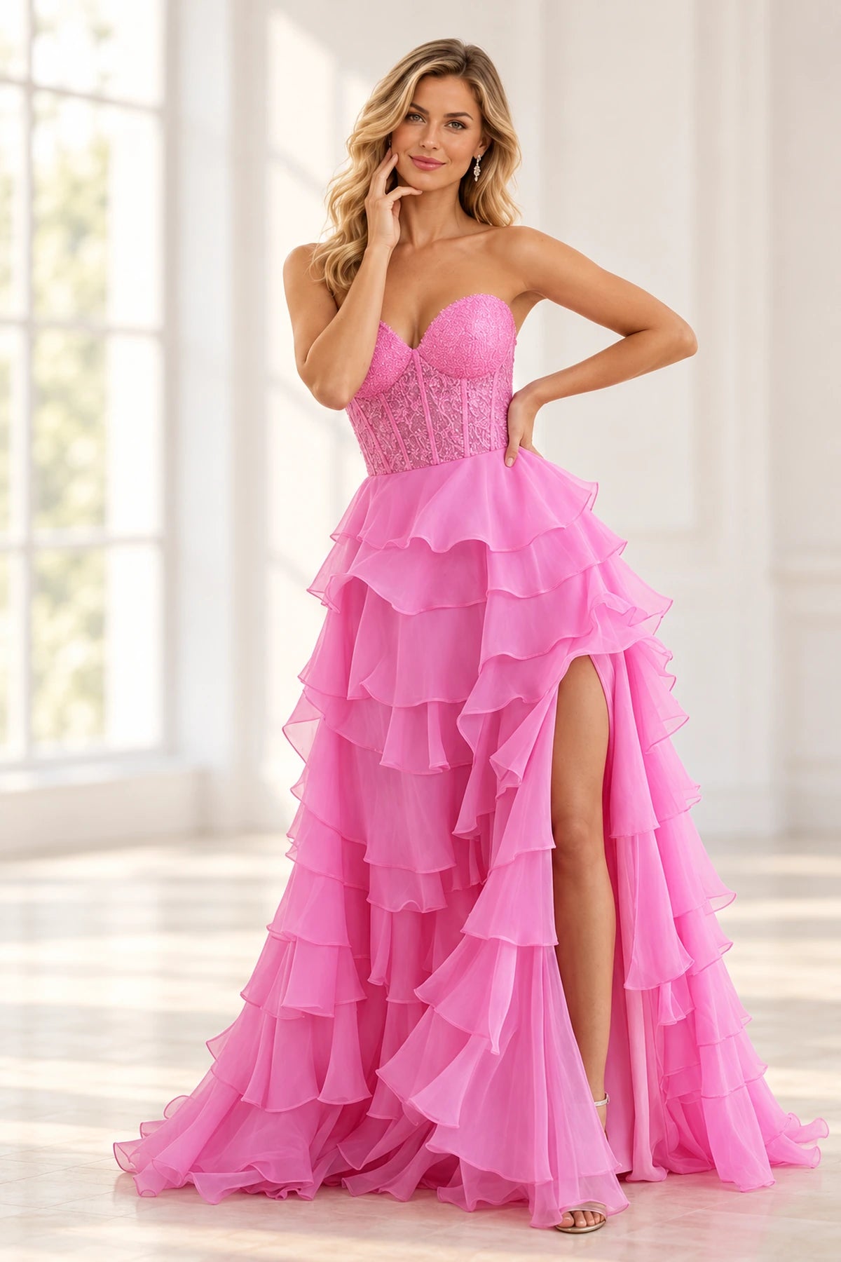Elegant Chiffon Ball Gown Sweetheart Strapless Lace-Up Back Ruffle Prom Dress