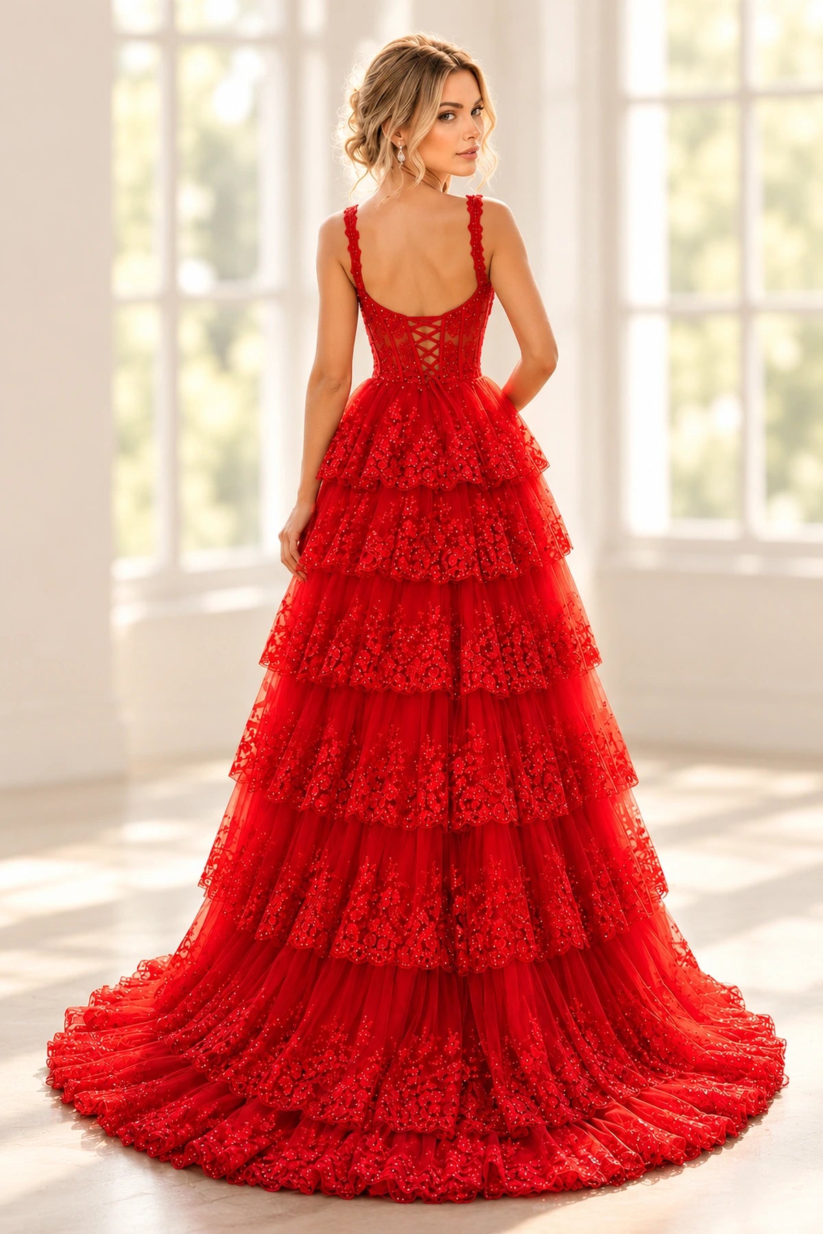 Elegant Tulle Floral Lace A-Line Sweetheart Corset Lace-Up Back Prom Dress