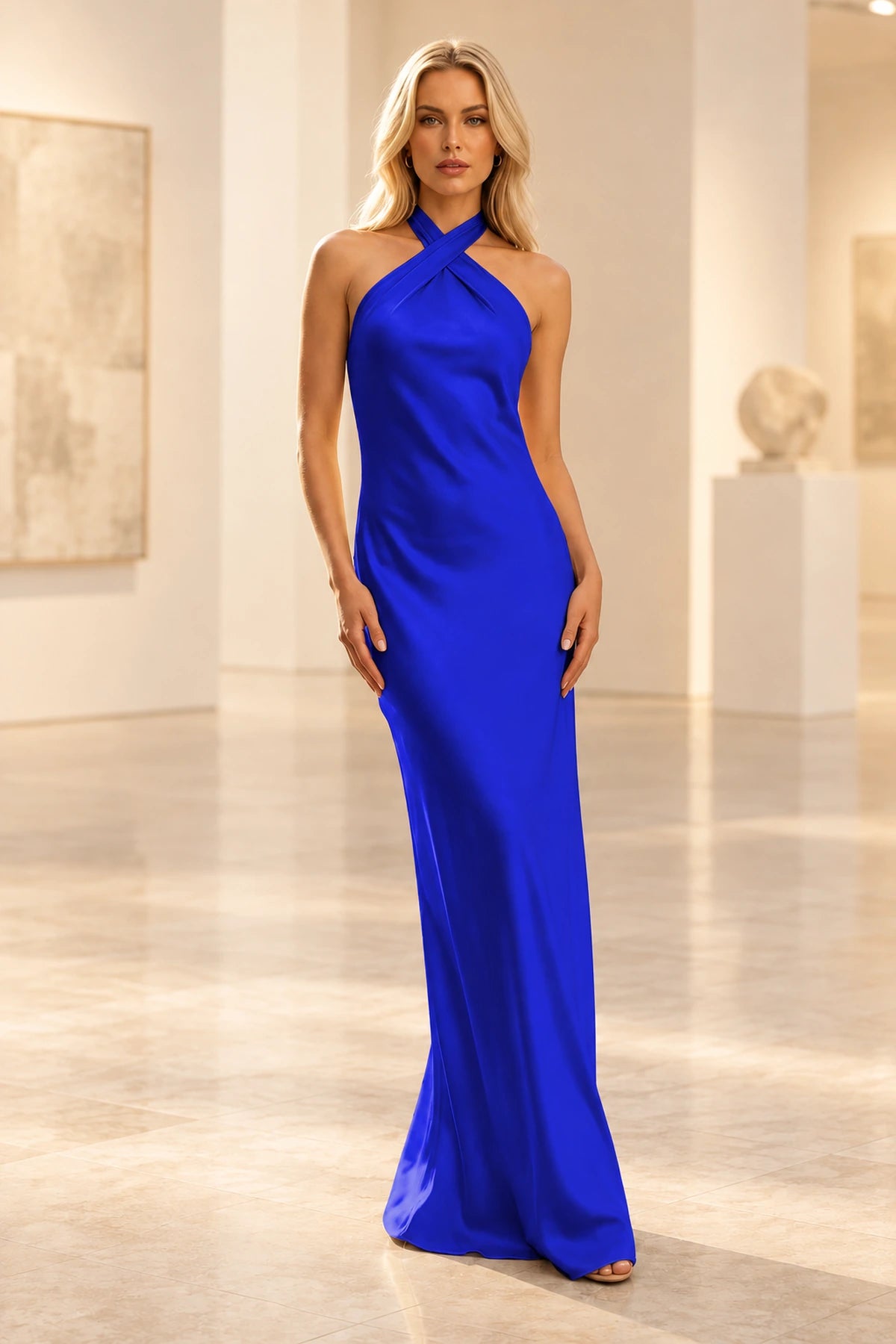Elegant Satin Sheath Halter Sleeveless Bow-Back Floor-Length  Prom Dress