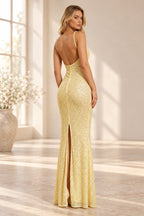 Elegant Sequin Sheath Scoop Neck Spaghetti Strap Open Back Long Prom Dress