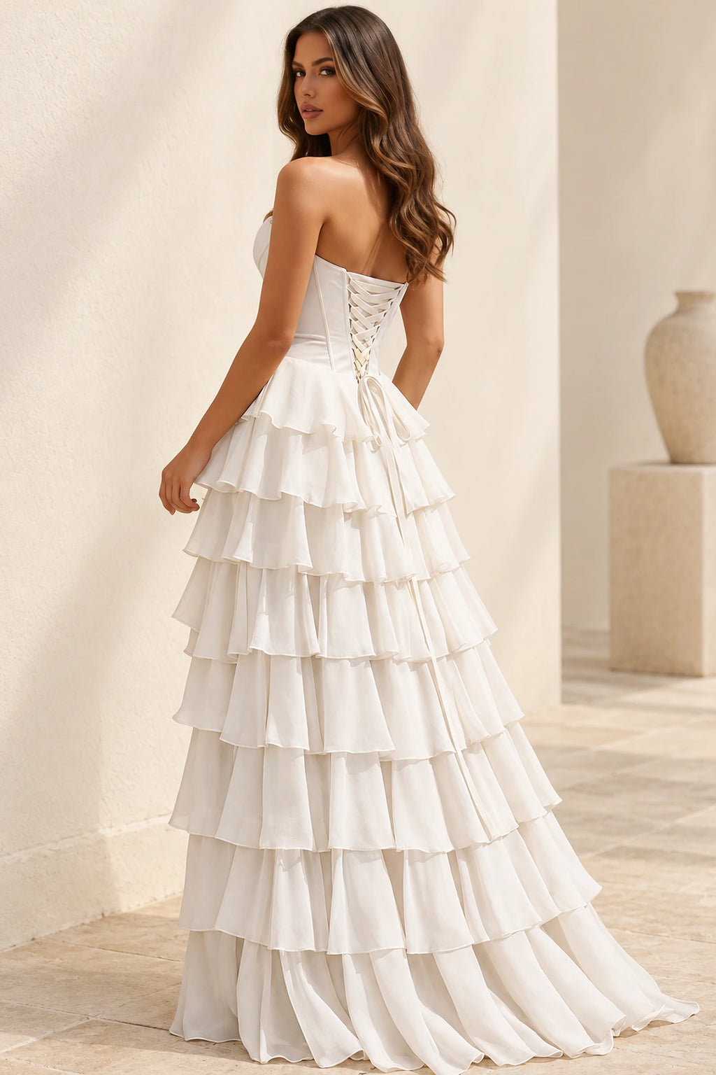 Elegant Chiffon Ball Gown Sweetheart Strapless Corset Lace-Up Back Prom Dress