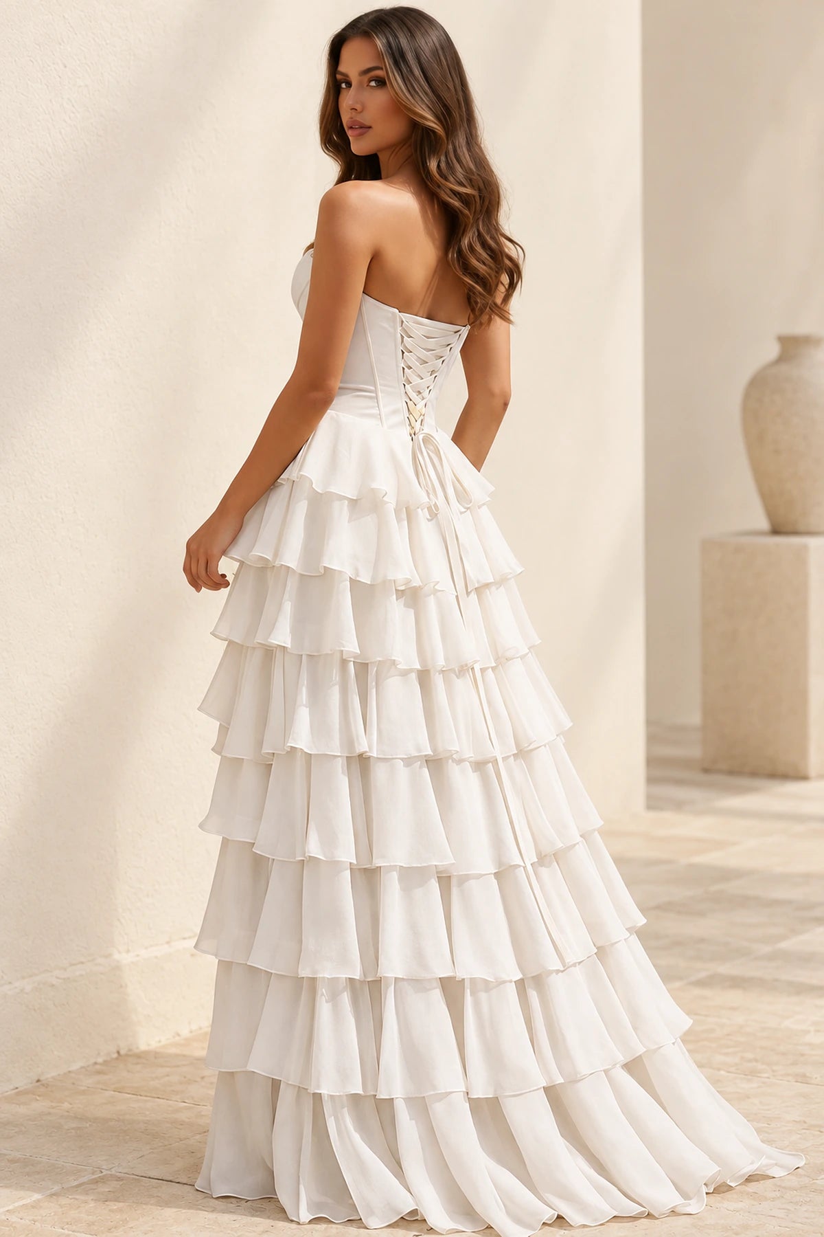 Elegant Chiffon Ball Gown Sweetheart Strapless Corset Lace-Up Back Prom Dress