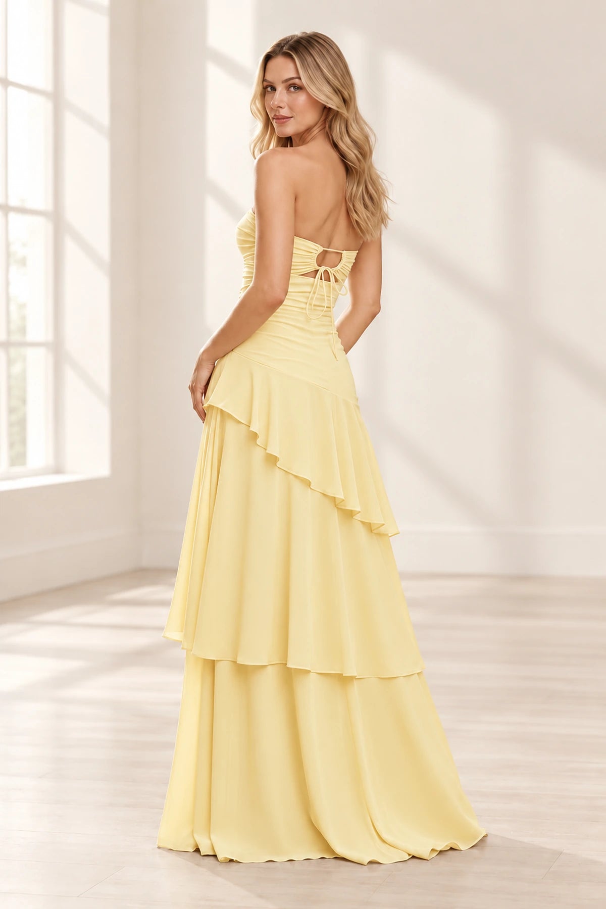 Elegant Chiffon A-Line Sweetheart Strapless Ruched Lace-Up Back Long Prom Dress