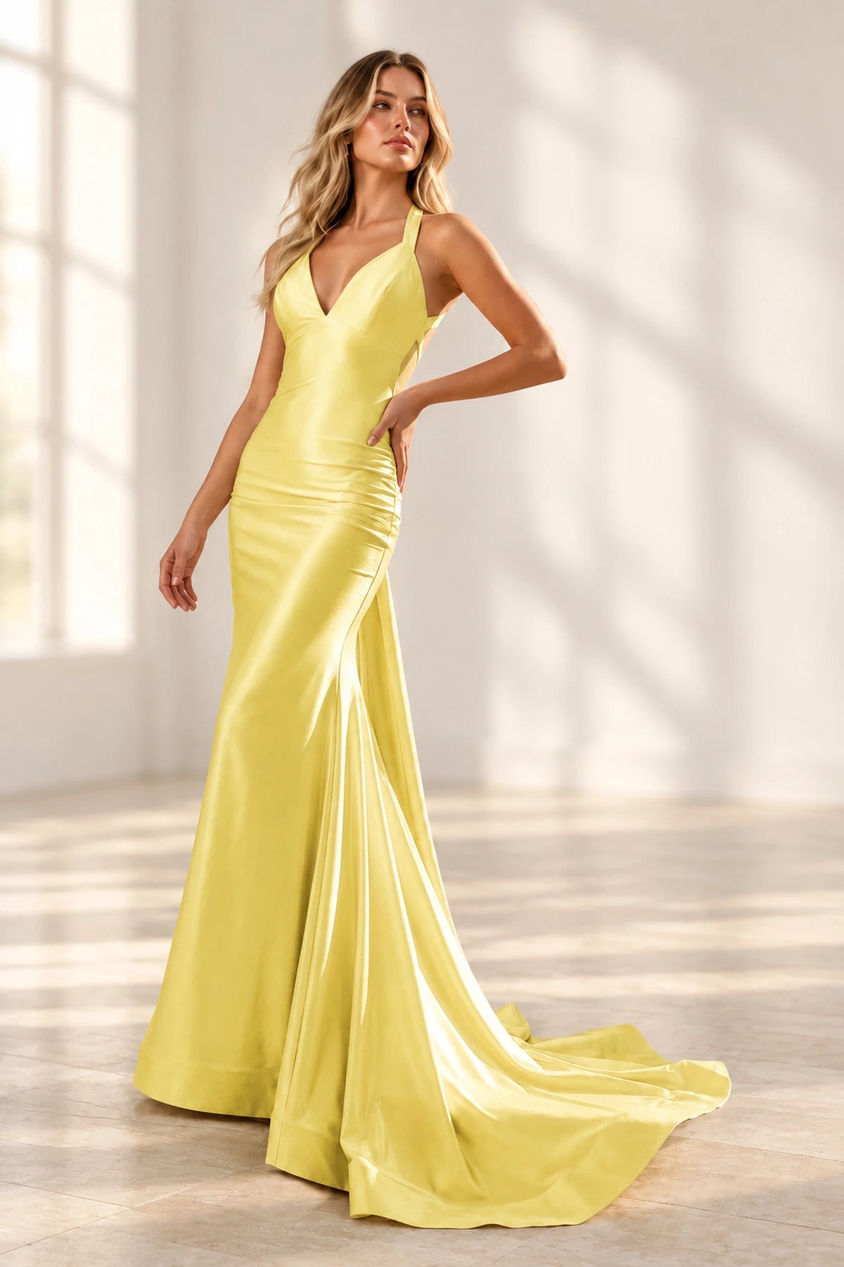 Elegant Satin Mermaid V-Neck Sleeveless Cross-Back Floor-Length Prom Dress