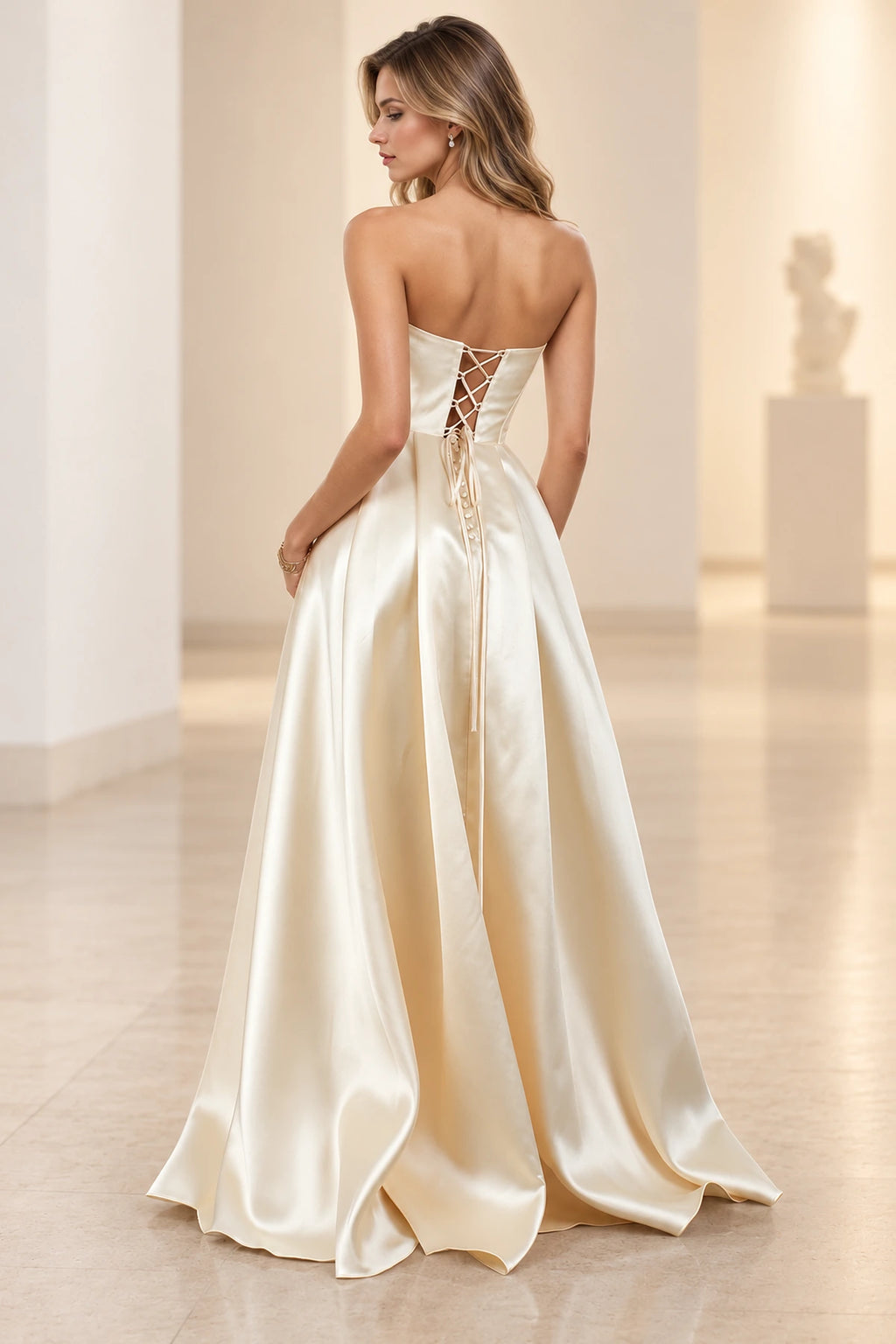Refined Satin Look A Line Scoop Neck Strapless Long Prom Dress
